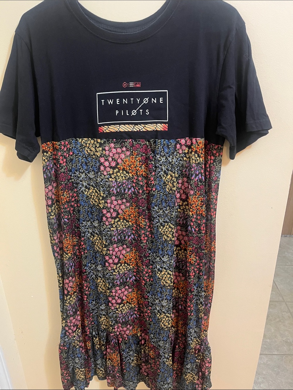 Forever 21 Black Floral Panel Tee Dress with Orange Accent